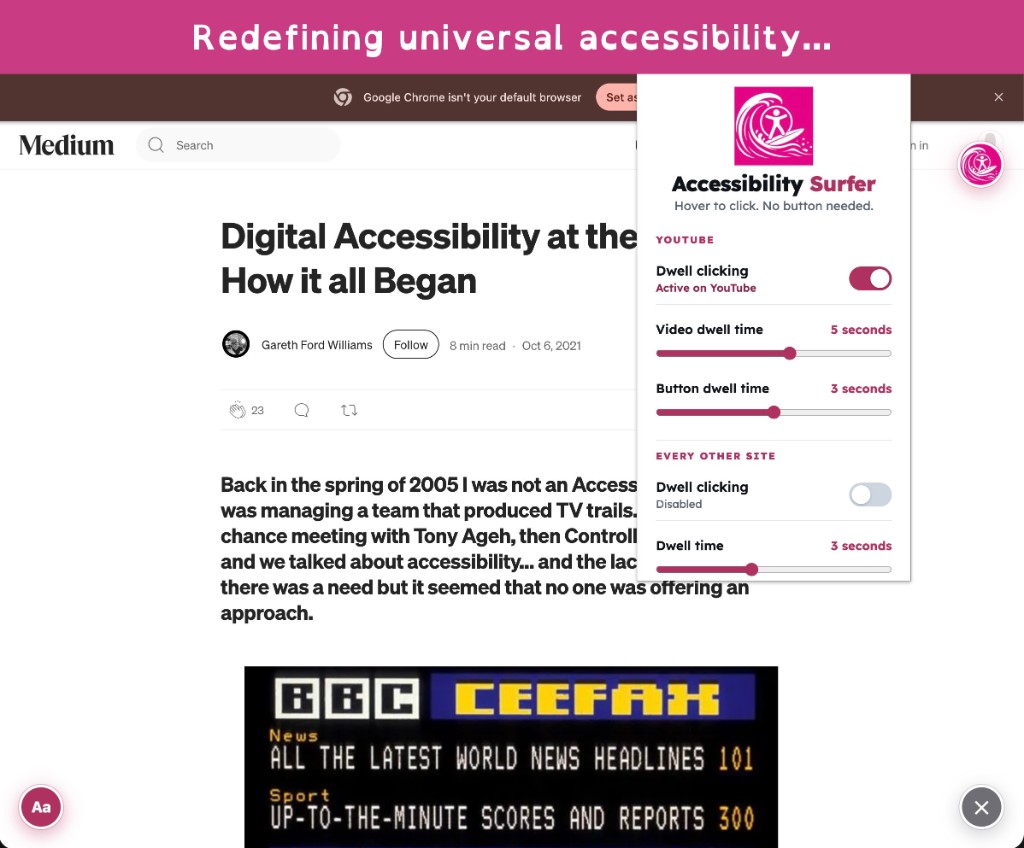 Accessibility Surfer popup on a Medium article showing dwell clicking settings for YouTube and other sites.