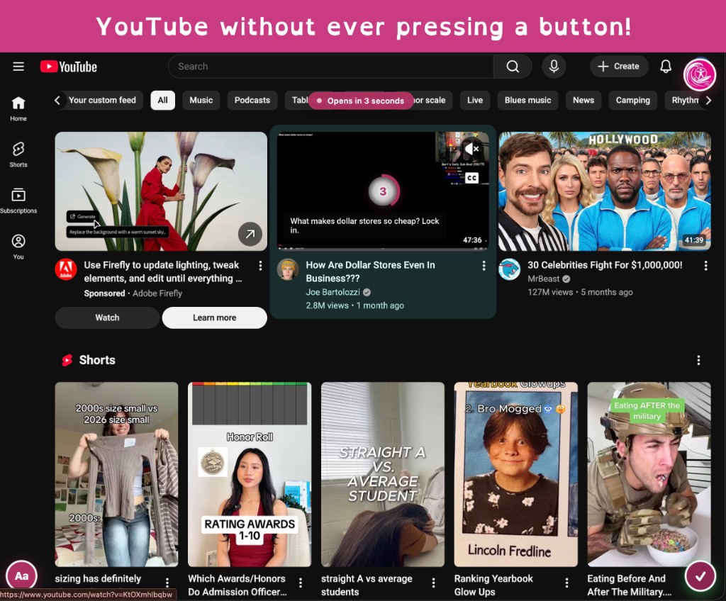 YouTube homepage with a dwell countdown ring on a video thumbnail.