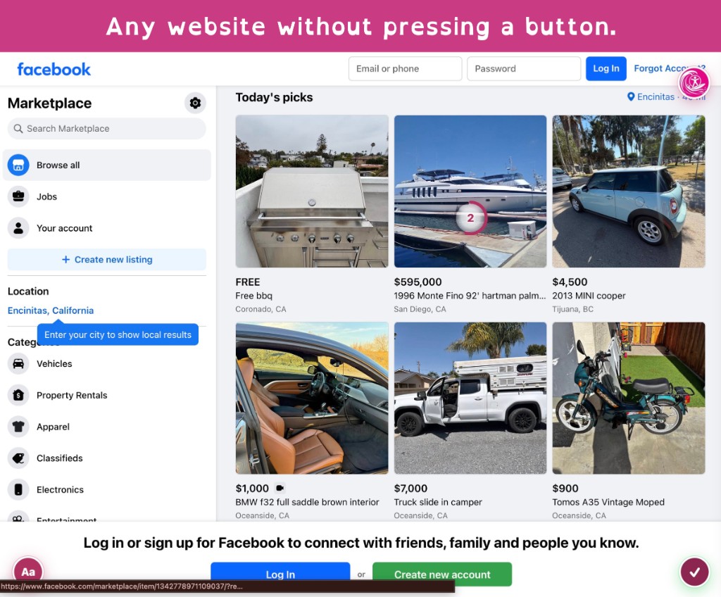 Facebook Marketplace with a dwell ring on a listing, showing support on any website.