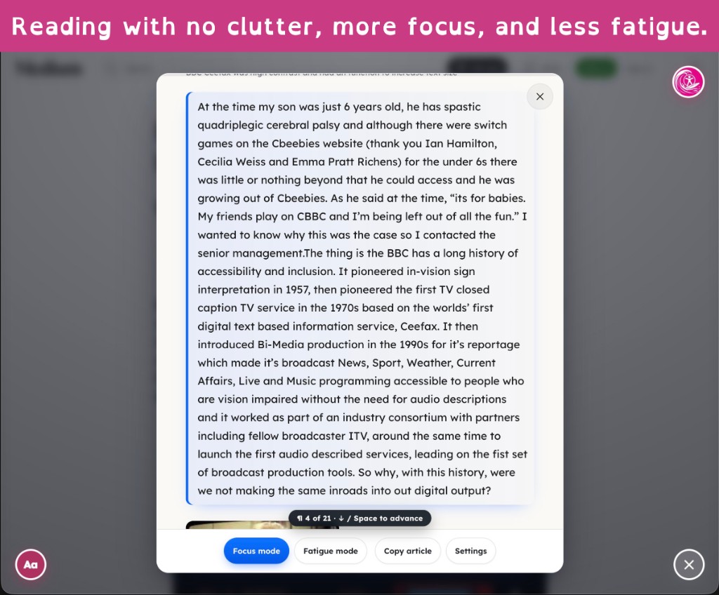 Reading mode focus view with paragraph navigation on a long article.